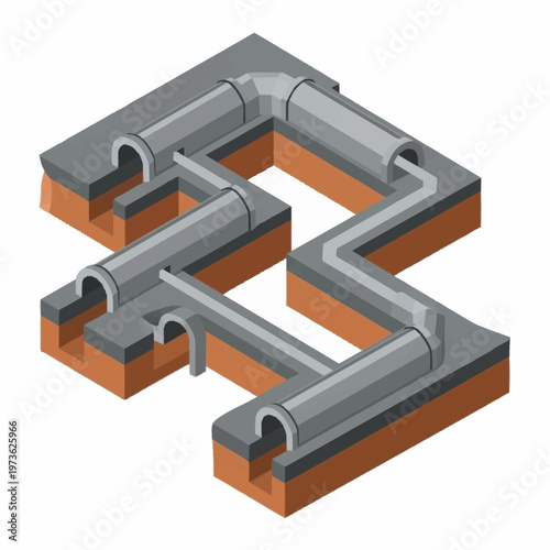 Isometric illustration of underground pipe system with concrete structures and soil layers.