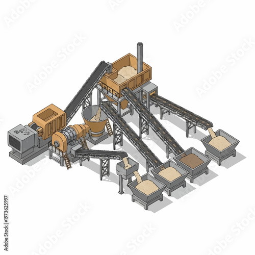 Isometric illustration of an industrial processing plant with multiple conveyor belts and sorting bins, showcasing material handling and separation.
