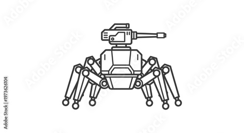 a tactical spider robot drone with a mounted cannon explores concepts of artificial intelligence and futuristic warfare.