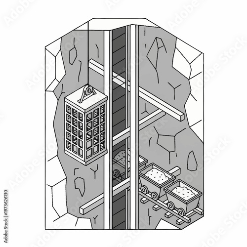 Illustration of a mine shaft with a cage elevator, mine carts, and rock formations, depicting underground mining operations.