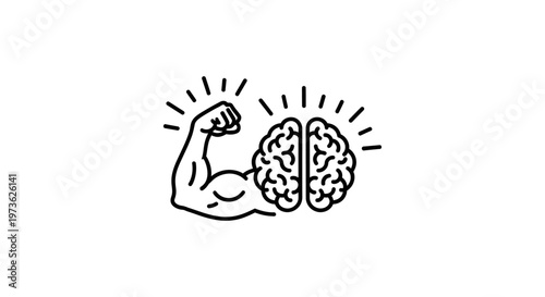 brain power mental strength flexing bicep with radiant brain icon symbolizing intellectual strength and intelligence.