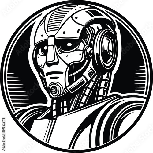 Robot head, metallic illustration, black and white, futuristic design, vector graphics