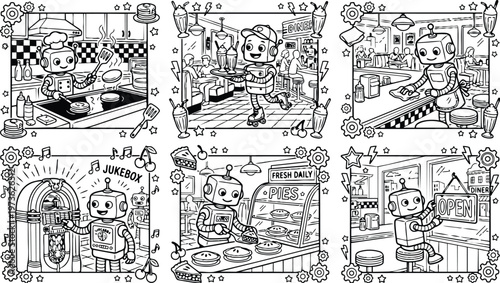 Colorbook style robot diner scenes cooking serving skating playing jukebox and working with pies in retro vintage style with detailed backgrounds and fun elements