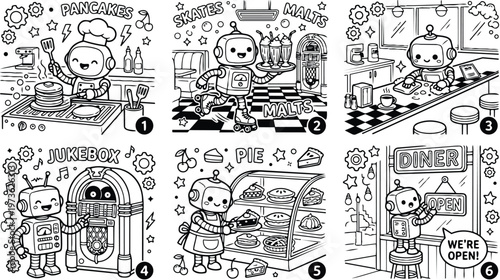 Colorbook style vector art set showing happy robot cooking pancakes flipping with spatula serving malts on rollerskate cleaning diner counter slicing pie near display and opening diner sign