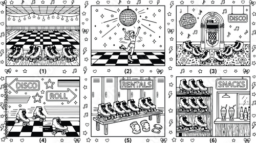 Colorbook style roller skating rink interior with checkered floor roller skates jukebox disco ball snacks rentals safety gear colorful detailed vector art