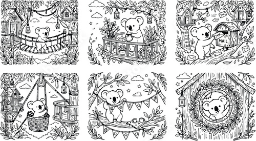 Colorbook style koala bear climbing rope bridge planting flowers sending mail sitting in basket waving from tree house entertaining with flags fairy tale woodland scene line art vector
