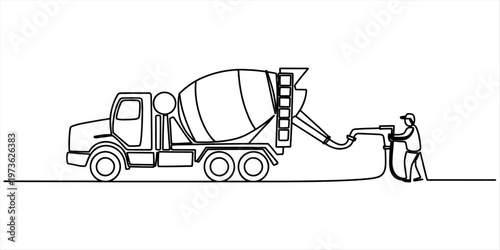 Continuous line drawing of a cement truck being operated by a worker on a simple white background Vector, illustration