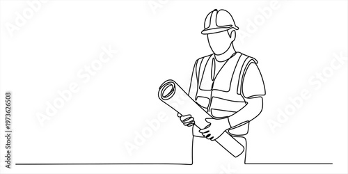 A minimalist single continuous line drawing of a construction worker holding building blueprints Vector, illustration