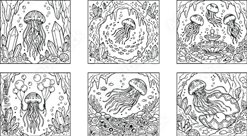 Colorbook style detailed underwater jellyfish scenes with coral reef and crystal cave elements six different angles and artistic line work