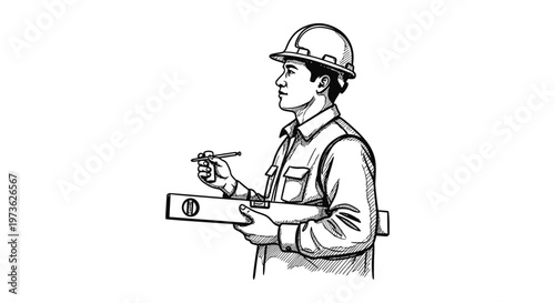 construction worker in hard hat using a spirit level and pencil for accurate measurement a hand drawn line drawing for building projects.