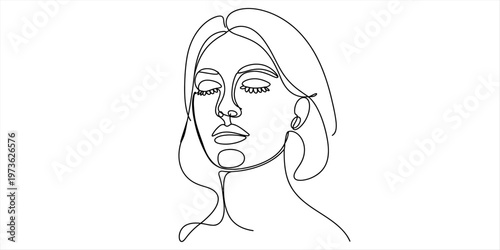Minimalist continuous line drawing of a woman face with closed eyes on a clean white background Vector, illustration