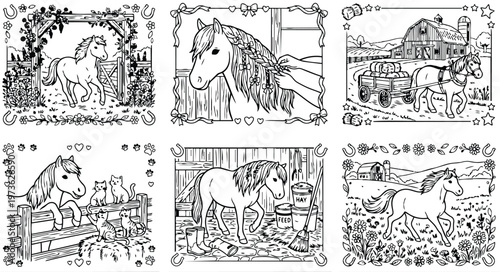 Colorbook style six detailed black and white horse illustrations including braiding grooming stable farmfield cats and hay wagon rural countryside outline art