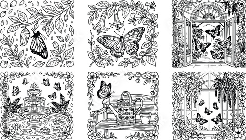 Colorbook style detailed butterfly garden scenes with floral borders open window bench watering can and fountain tranquil outdoor nature designs with intricate line art
