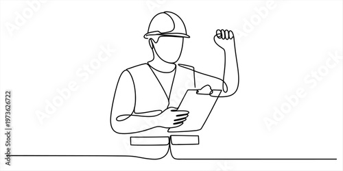 Continuous line drawing of a construction worker wearing a safety helmet and holding a clipboard Vector, illustration