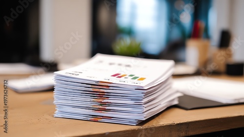A stack of printed customer feedback reports on a desk.