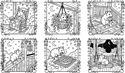 Colorbook style bedtime story scenes with cute mice cooking swinging and relaxing on porch in night setting detailed line art illustrations