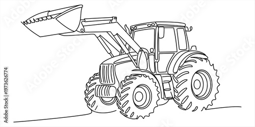 A detailed line art drawing of a heavy industrial tractor with a front loader for coloring pages. Vector, illustration