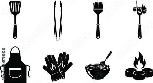Barbecue icons set essential grill tools accessories black and white vector graphics