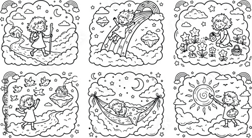 Whimsical colorbook style girl exploring stars walking hiking with backpack painting sun flowers watering garden sleeping hammock dreaming clouds night fantasy illustrations set