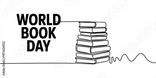 A minimalist black and white line art illustration celebrating the occasion of world book day. Vector, illustration
