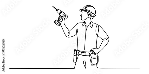 Continuous line drawing of a construction worker holding a power drill for building maintenance Vector, illustration