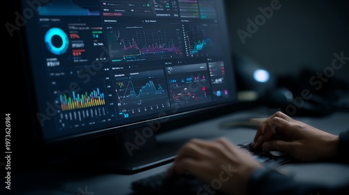 Analyst exploring digital financial performance dashboard interface