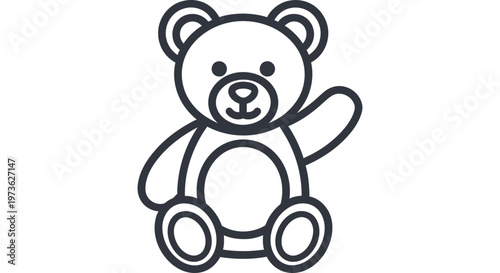 teddy bear stuffed animal toy cartoon illustration waving hello with a friendly smile simple line art graphic for childrens projects.