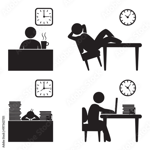 Work and Study Silhouette Icons of Productivity, Stress, Relaxation and Focus
