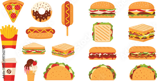 Fast food vector set featuring pizza, burgers, hot dogs, fries, tacos, sandwiches and drinks isolated on white background for restaurant and menu design
