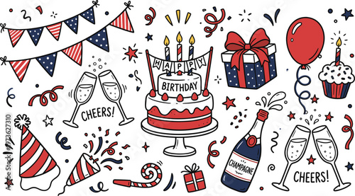 A festive hand drawn illustration showcasing various birthday elements including cake balloons champagne and celebratory decorations high quality professional detailed modern