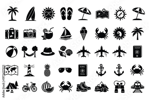 A vector icon sheet featuring 40 unique solid black silhouettes of summer and travel items .eps