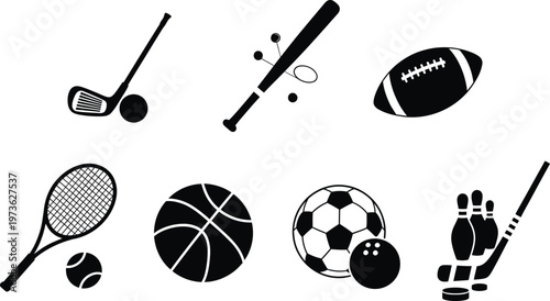 Sports icons set vector graphics of golf baseball tennis football basketball and hockey equipment for design projects