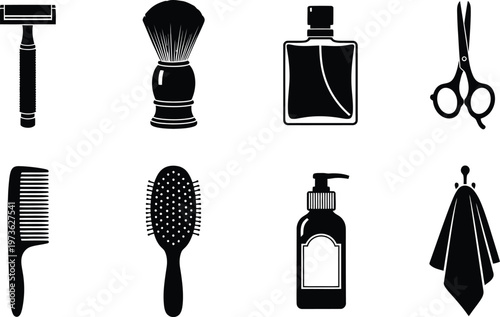 Vintage barber shop icons set classic shaving tools haircare essentials in black and white