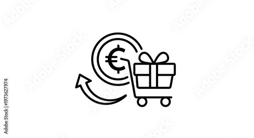Euro Coin With Shopping Cart and Gift Box Icon, Cashback and Loyalty Program Concept