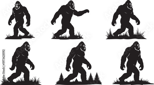 Bigfoot Sasquatch Silhouette Walking in Forest Various Poses Set