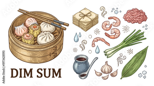 Traditional Dim Sum Vector Illustration Set with Bamboo Steamer, Dumplings, Shrimp, and Ingredients on Black Background