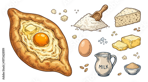 Traditional Georgian Adjarian Khachapuri Cheese Bread with Egg Yolk and Butter plus Ingredients Flour Milk and Cheese, Hand Drawn Vector Illustration