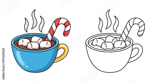 Vector illustration of a hot chocolate mug with marshmallows and candy cane, colored and black and white outline version for coloring book.