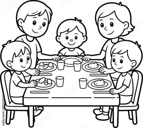 Happy family eating together kids mealtime line art illustration family dinner cartoon
