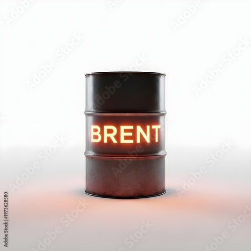 Brent oil barrel with glowing industrial branding illuminated against a neutral background for energy industry editorial use.