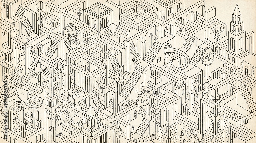 Fototapeta premium A highly detailed, vintage-style line art illustration of an isometric impossible city.