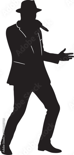 Silhouette of a male singer in a suit and hat performing on stage