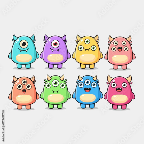 Cute and colorful cartoon monsters with various eye counts and horn designs.
