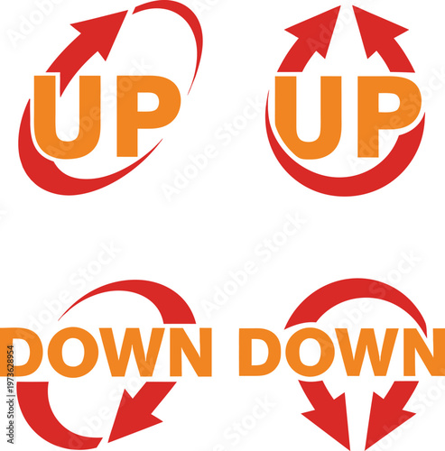 A collection of four stylized icons featuring the words up and down with circular arrow indicators