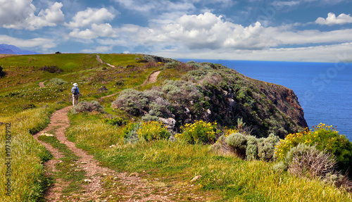 Hiker walks the clifftops of Santa Cruz Island in California's Channel Islands National Park