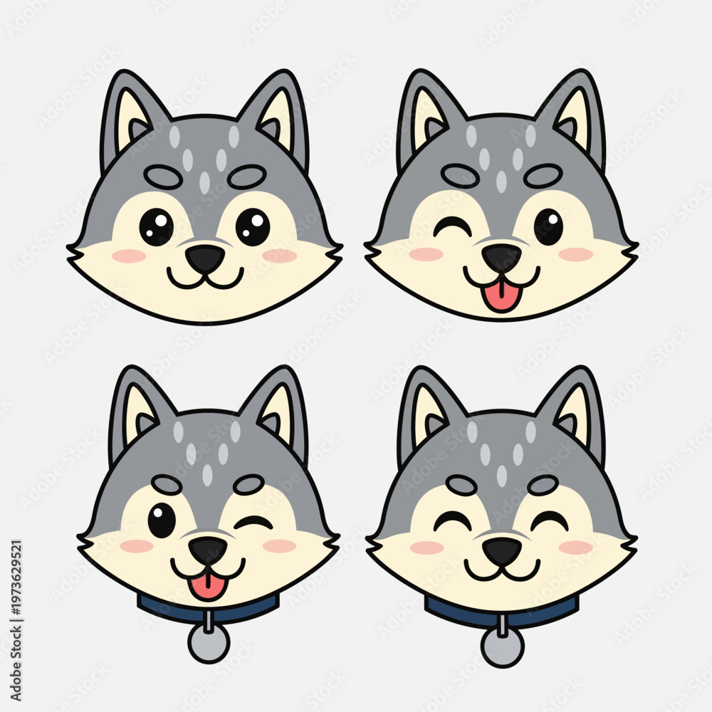 Fototapeta premium Cute cartoon husky dog faces with various expressions.