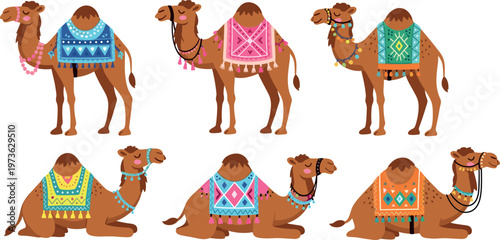 Decorated Camels Collection Colorful Arabian Desert Animals Flat Vector Set