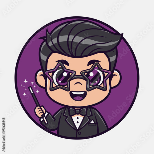 Cute Cartoon Magician with Star Glasses and Magic Wand.