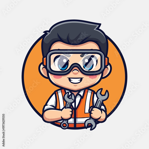 Cute Cartoon Mechanic Wearing Safety Goggles and Holding Wrenches.