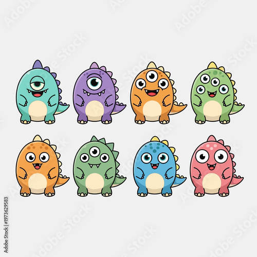 Cute cartoon monsters with various colors and eye counts.